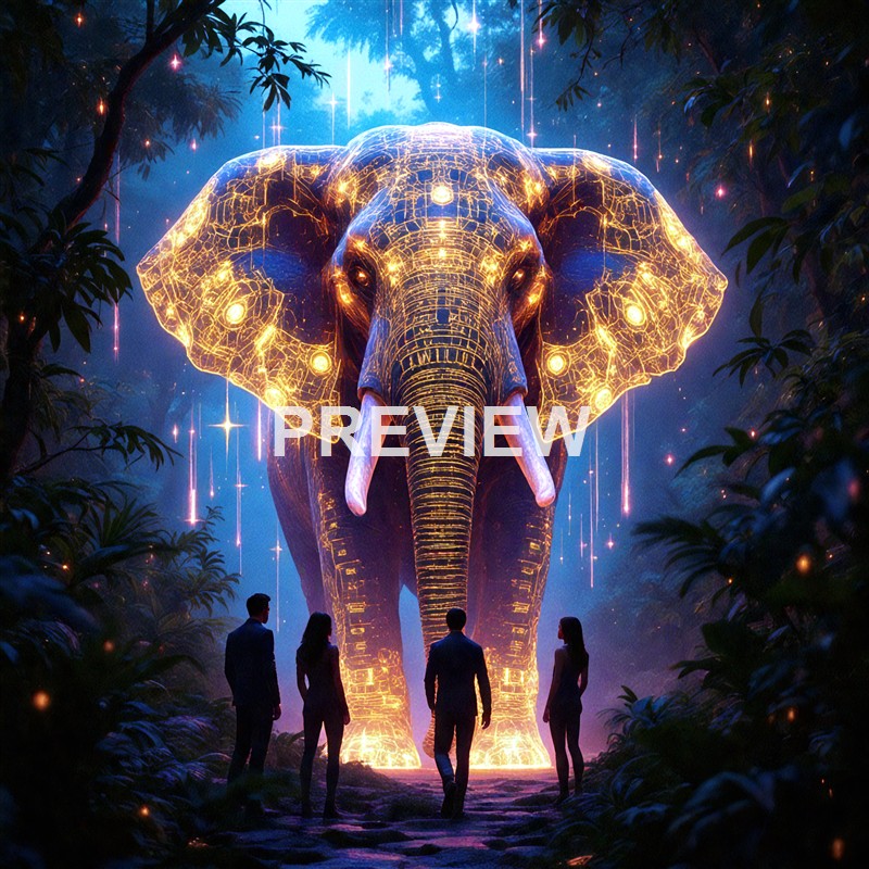 A group of four people standing in front of a giant, glowing, digital-looking elephant in a mystical forest illuminated by sparkles and luminous effects.